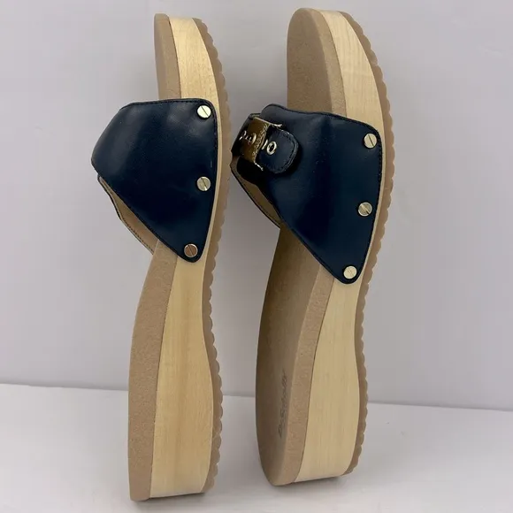 Dr Scholl’s SHOES, NAVY BLUE LEATHER TOP, ADJUSTABLE TOP STRAP, WOODEN SOLE, 9M