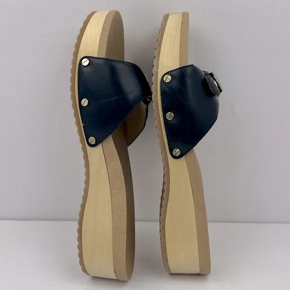 Dr Scholl’s SHOES, NAVY BLUE LEATHER TOP, ADJUSTABLE TOP STRAP, WOODEN SOLE, 9M