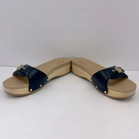 Dr Scholl’s SHOES, NAVY BLUE LEATHER TOP, ADJUSTABLE TOP STRAP, WOODEN SOLE, 9M