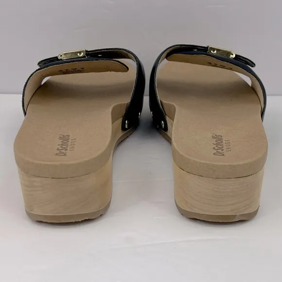 Dr Scholl’s SHOES, NAVY BLUE LEATHER TOP, ADJUSTABLE TOP STRAP, WOODEN SOLE, 9M