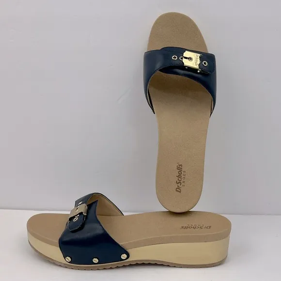 Dr Scholl’s SHOES, NAVY BLUE LEATHER TOP, ADJUSTABLE TOP STRAP, WOODEN SOLE, 9M