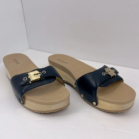 Dr Scholl’s SHOES, NAVY BLUE LEATHER TOP, ADJUSTABLE TOP STRAP, WOODEN SOLE, 9M