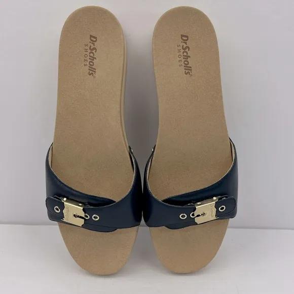 Dr Scholl’s SHOES, NAVY BLUE LEATHER TOP, ADJUSTABLE TOP STRAP, WOODEN SOLE, 9M