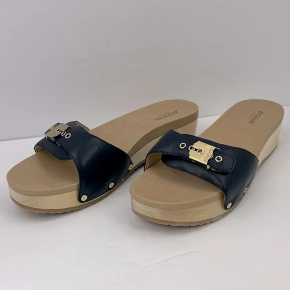 Dr Scholl’s SHOES, NAVY BLUE LEATHER TOP, ADJUSTABLE TOP STRAP, WOODEN SOLE, 9M
