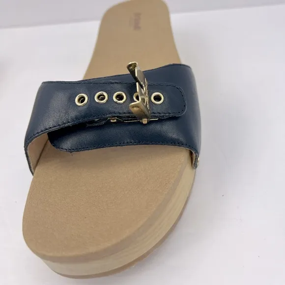 Dr Scholl’s SHOES, NAVY BLUE LEATHER TOP, ADJUSTABLE TOP STRAP, WOODEN SOLE, 9M