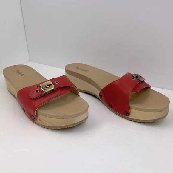 Dr Scholl’s SHOES, RED LEATHER TOP, ADJUSTABLE TOP STRAP, WOODEN SOLE, SIZE 10M