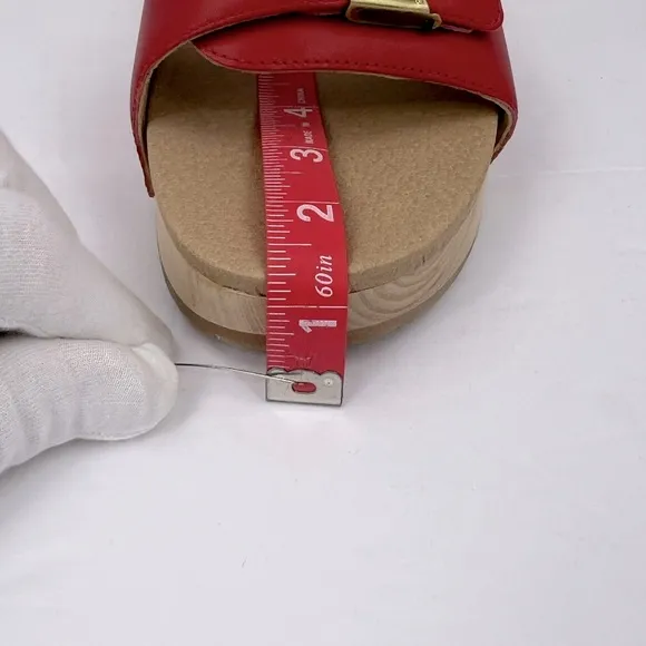 Dr Scholl’s SHOES, RED LEATHER TOP, ADJUSTABLE TOP STRAP, WOODEN SOLE, SIZE 10M