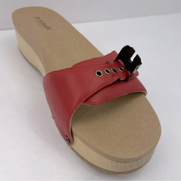 Dr Scholl’s SHOES, RED LEATHER TOP, ADJUSTABLE TOP STRAP, WOODEN SOLE, SIZE 10M