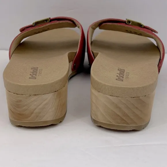 Dr Scholl’s SHOES, RED LEATHER TOP, ADJUSTABLE TOP STRAP, WOODEN SOLE, SIZE 10M