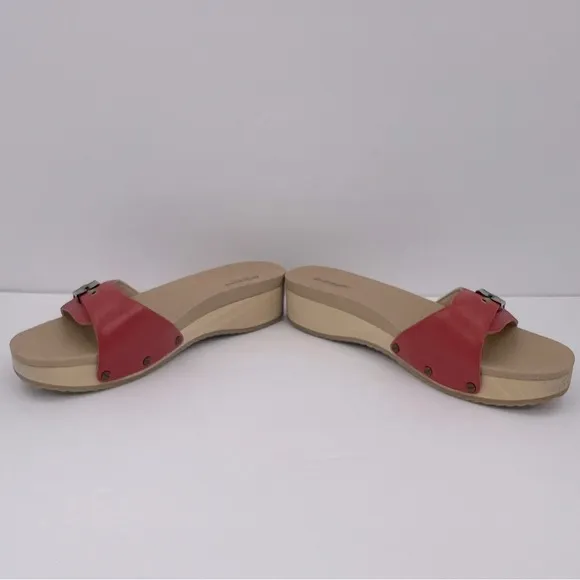 Dr Scholl’s SHOES, RED LEATHER TOP, ADJUSTABLE TOP STRAP, WOODEN SOLE, SIZE 10M