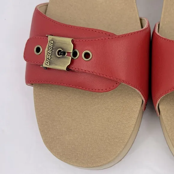 Dr Scholl’s SHOES, RED LEATHER TOP, ADJUSTABLE TOP STRAP, WOODEN SOLE, SIZE 10M