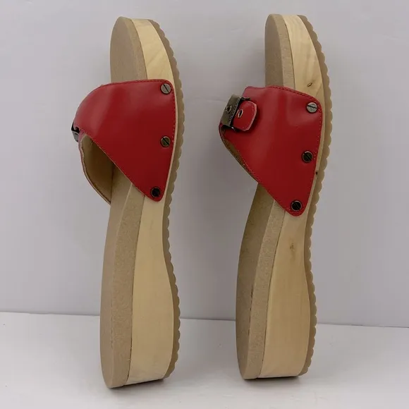 Dr Scholl’s SHOES, RED LEATHER TOP, ADJUSTABLE TOP STRAP, WOODEN SOLE, SIZE 10M