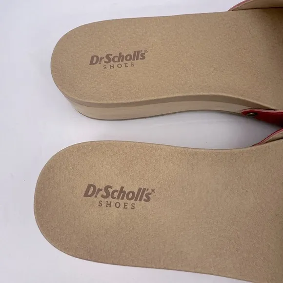 Dr Scholl’s SHOES, RED LEATHER TOP, ADJUSTABLE TOP STRAP, WOODEN SOLE, SIZE 10M