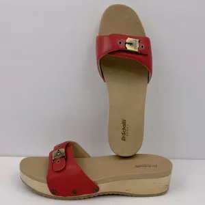 Dr Scholl’s SHOES, RED LEATHER TOP, ADJUSTABLE TOP STRAP, WOODEN SOLE, SIZE 10M