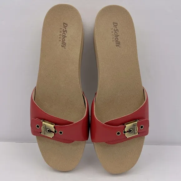 Dr Scholl’s SHOES, RED LEATHER TOP, ADJUSTABLE TOP STRAP, WOODEN SOLE, SIZE 10M