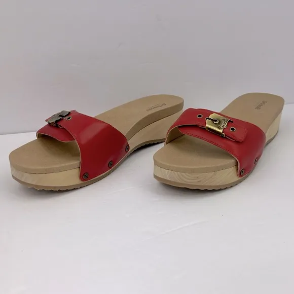Dr Scholl’s SHOES, RED LEATHER TOP, ADJUSTABLE TOP STRAP, WOODEN SOLE, SIZE 10M