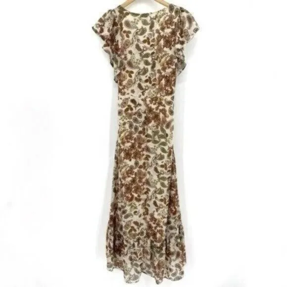 DREW Floral Terra Vintage Garden Brown Paisley Ruffle Wrap Medium Maxi Dress NWT
