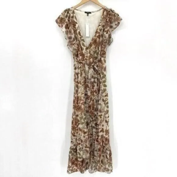 DREW Floral Terra Vintage Garden Brown Paisley Ruffle Wrap Medium Maxi Dress NWT