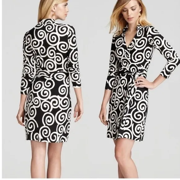 DVF Diane Von Furstenberg NEW JULIAN TWO Silk Jersey Wrap Dress Swirl Black sz 4