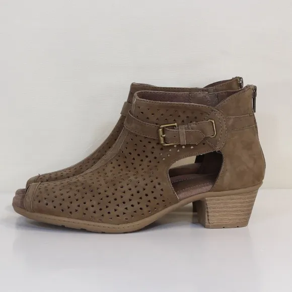 Earth Marietta Seren Wide Dark Khaki Suede Peep Toe Bootie NWT