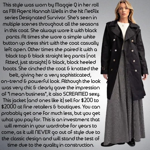 EASEL As Seen On Designated Survivor: Classic Double Breasted Belted Trench Coat