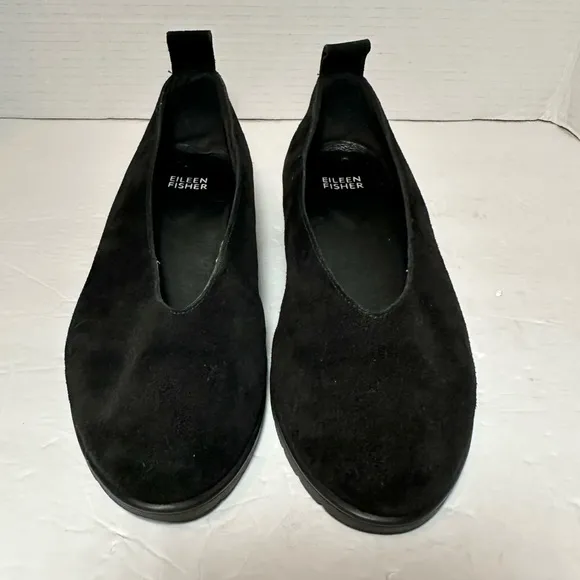 Eileen Fisher Black Suede Humor Almond Toe Wedge Ballet Flat- Size 8.5