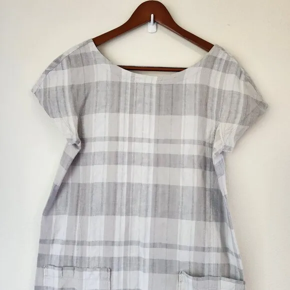 Eileen Fisher Organic Cotton-Linen Blend Boat-Neck Striped Shift Dress, M,Casual
