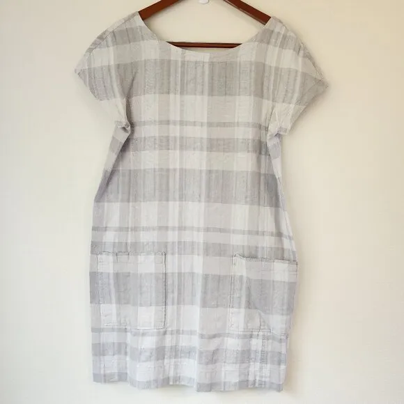 Eileen Fisher Organic Cotton-Linen Blend Boat-Neck Striped Shift Dress, M,Casual