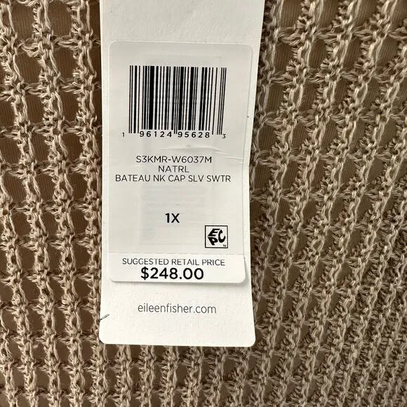 Eileen Fisher Organic Linen Knit Boat Neck Sweater 1X Cap Sleeve Oversized NWT