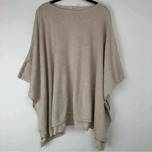 Eileen Fisher Women’s Poncho Sweater One Size Tan Sequin Silk Organic Cotton