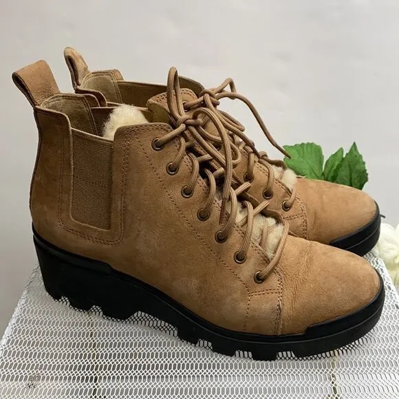 EILEEN FISHER Women Calm Tan Suede Shearling Platform lug Sole Hiker Bootie 7.5