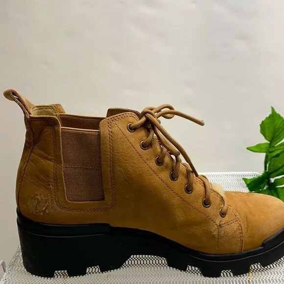EILEEN FISHER Women Calm Tan Suede Shearling Platform lug Sole Hiker Bootie 7.5