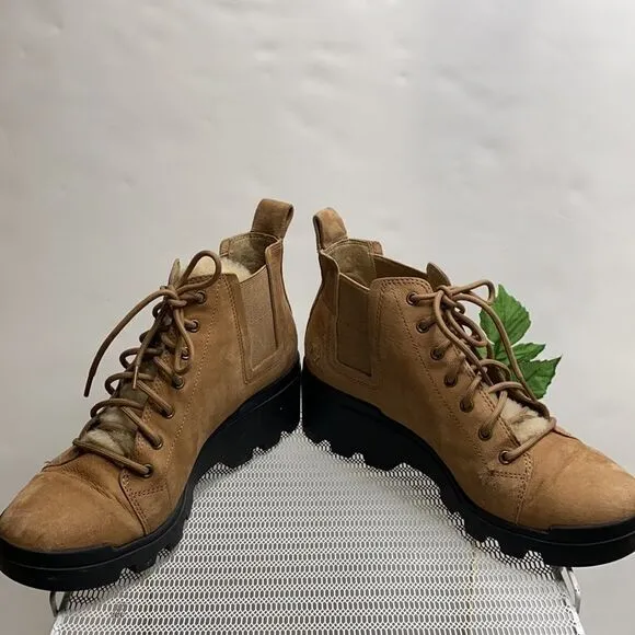 EILEEN FISHER Women Calm Tan Suede Shearling Platform lug Sole Hiker Bootie 7.5