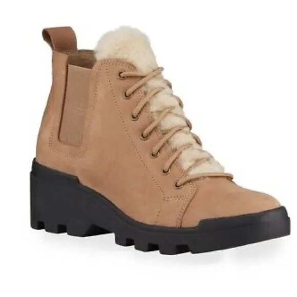 EILEEN FISHER Women Calm Tan Suede Shearling Platform lug Sole Hiker Bootie 7.5