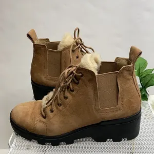 EILEEN FISHER Women Calm Tan Suede Shearling Platform lug Sole Hiker Bootie 7.5