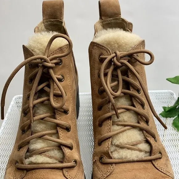 EILEEN FISHER Women Calm Tan Suede Shearling Platform lug Sole Hiker Bootie 7.5