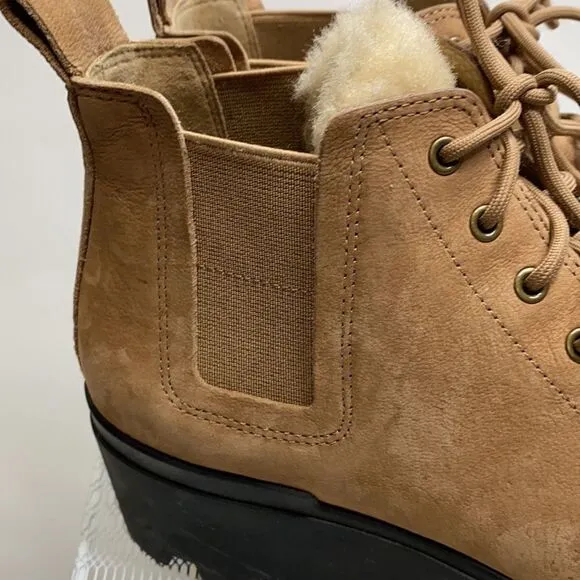 EILEEN FISHER Women Calm Tan Suede Shearling Platform lug Sole Hiker Bootie 7.5