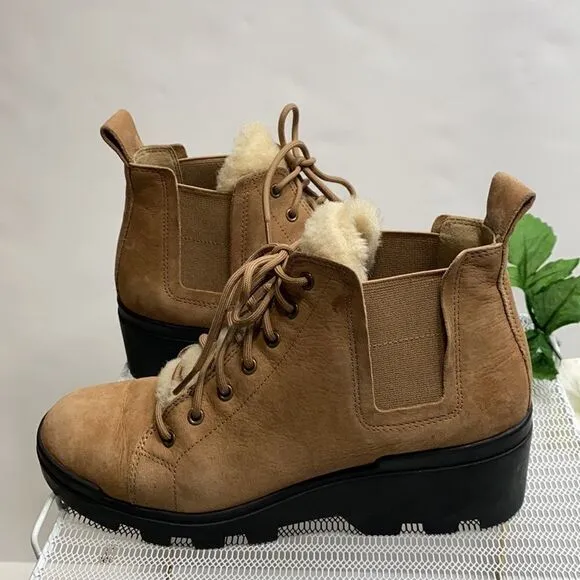 EILEEN FISHER Women Calm Tan Suede Shearling Platform lug Sole Hiker Bootie 7.5