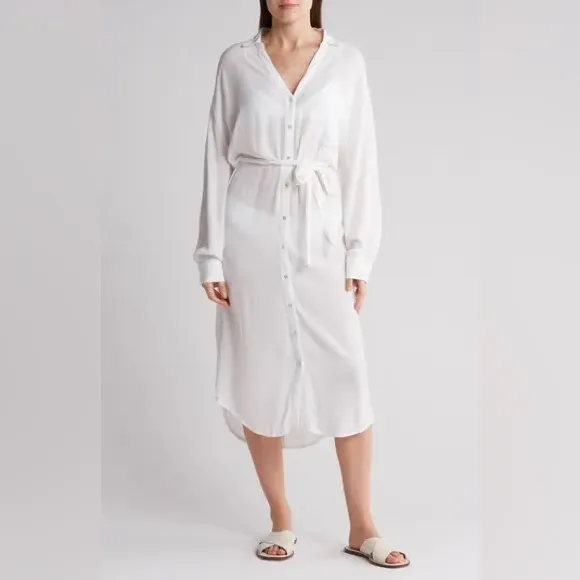 Elan Long Sleeve Shirtdress Coverup Belted White NWOT