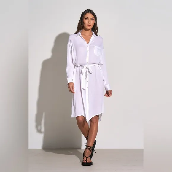 Elan Long Sleeve Shirtdress Coverup Belted White NWOT