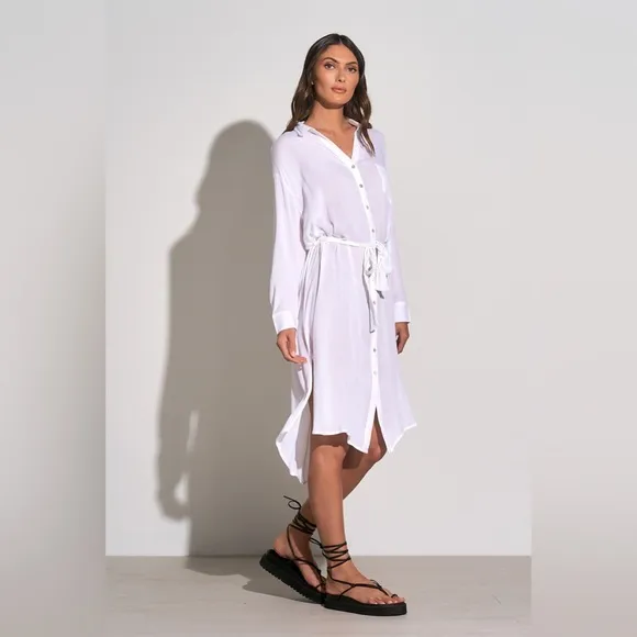 Elan Long Sleeve Shirtdress Coverup Belted White NWOT