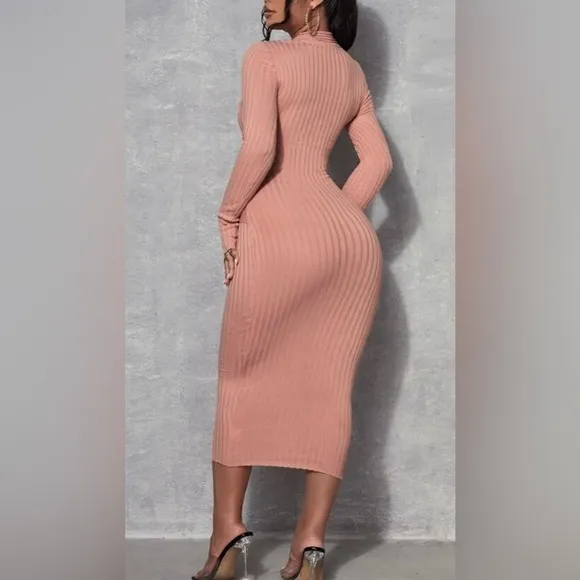 Elegant Long Sweater Midi Dress Contrast Strap Pattern
