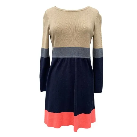 Eliza J Knit Color Block Long Sleeve Sweater Dress Comfy Office Minimalist-M