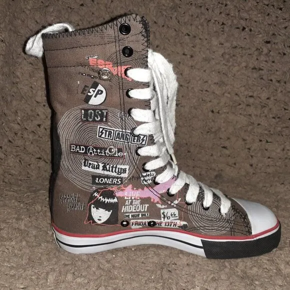 EMILY THE STRANGE-Reversable Snap-Sneaker Boots-Graffitied Brown-RARE-Sz 6-NM