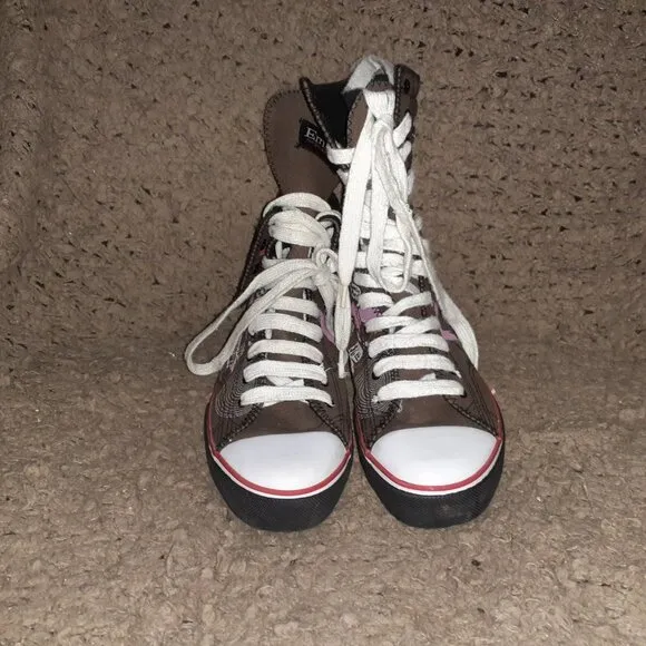 EMILY THE STRANGE-Reversable Snap-Sneaker Boots-Graffitied Brown-RARE-Sz 6-NM