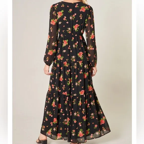 English Rose Onyx Floral Monaco Tiered Maxi Dress 010