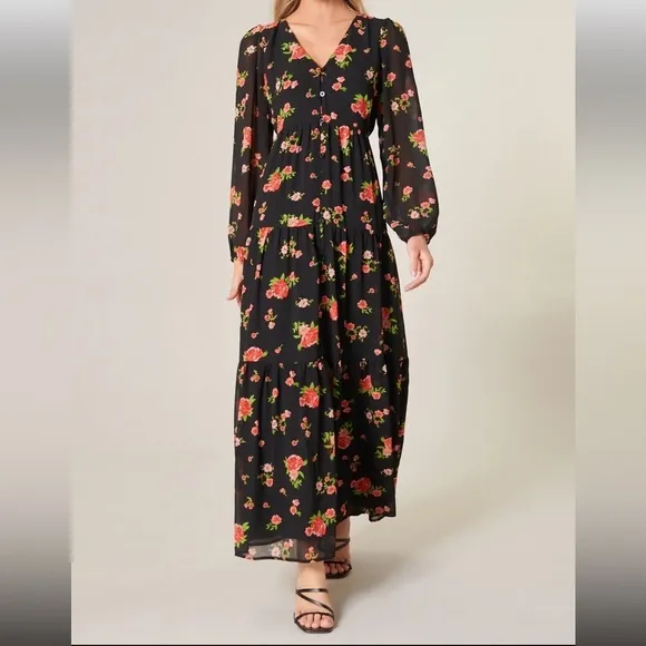 English Rose Onyx Floral Monaco Tiered Maxi Dress 010