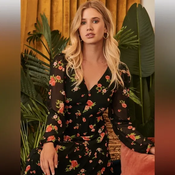 English Rose Onyx Floral Monaco Tiered Maxi Dress 010