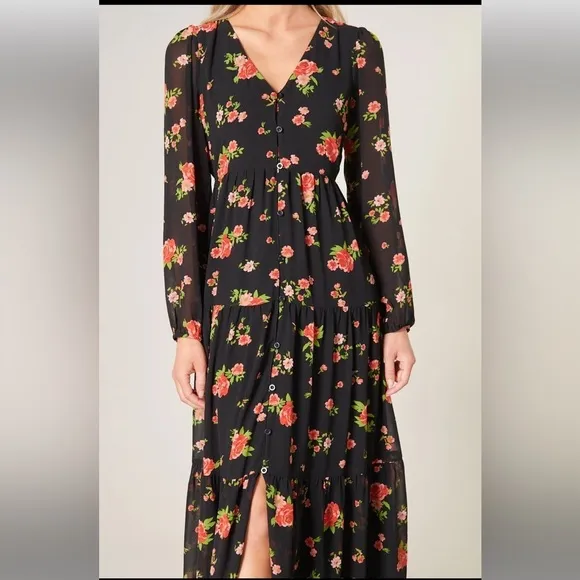 English Rose Onyx Floral Monaco Tiered Maxi Dress 010