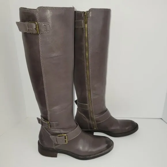 Enzo Angiolini Easayin Tall Riding Boots Dark Taupe Gray W/Buckle Detail Size 6M